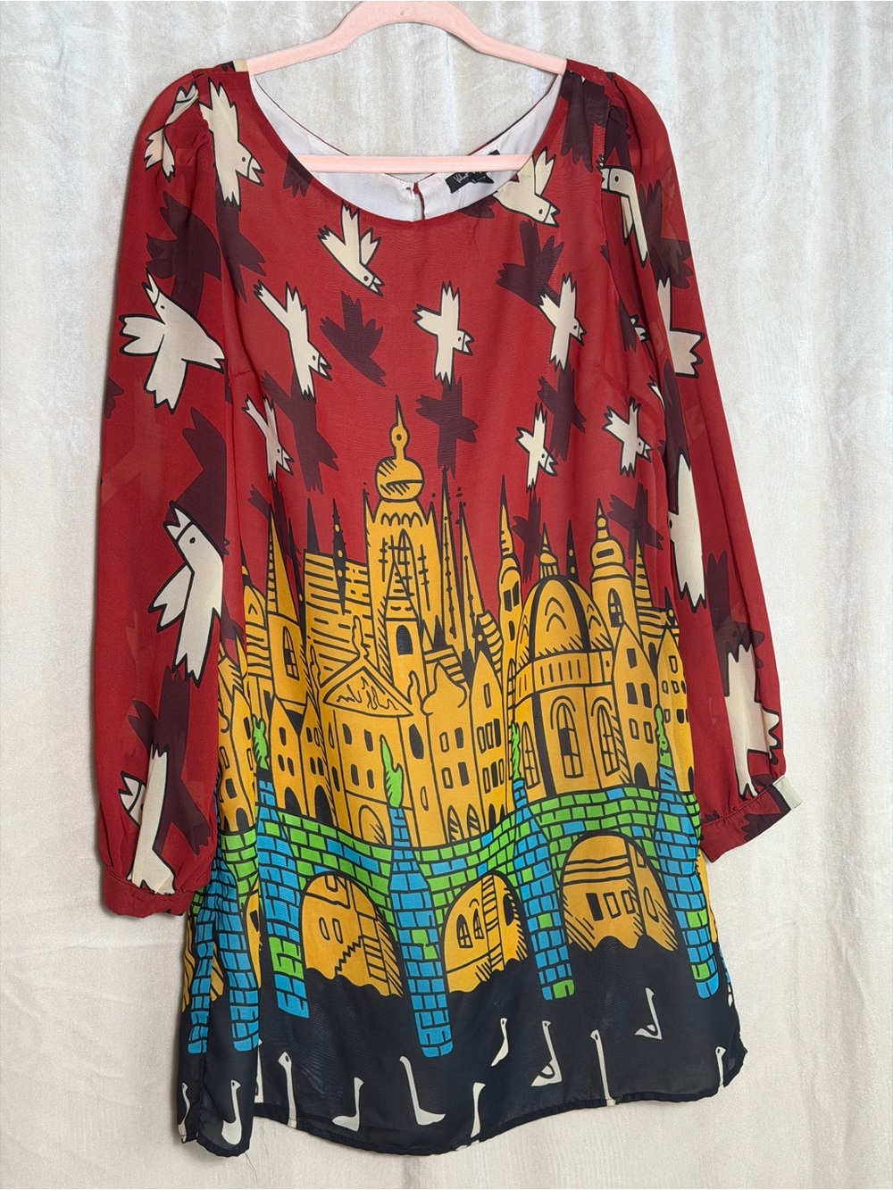 Velvet Heart Red Multi-Print Mini Dress with Yellow & Blue Cityscape